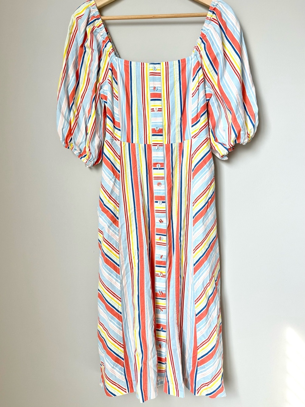 Tanya Taylor Striped Puff-Sleeve Midi Dress in Multi-Color